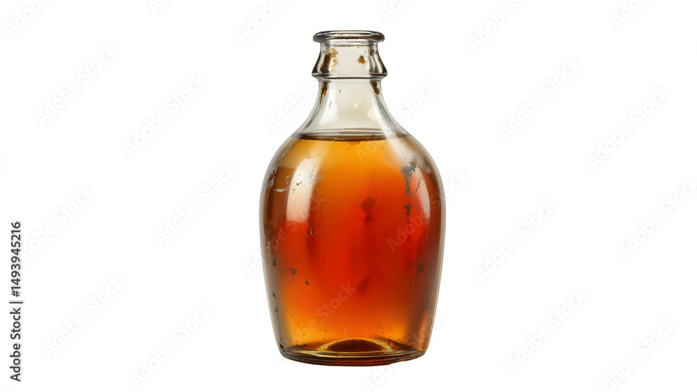 Amber liquid in glass bottle against black background Amber liquid in glass bottle against black background