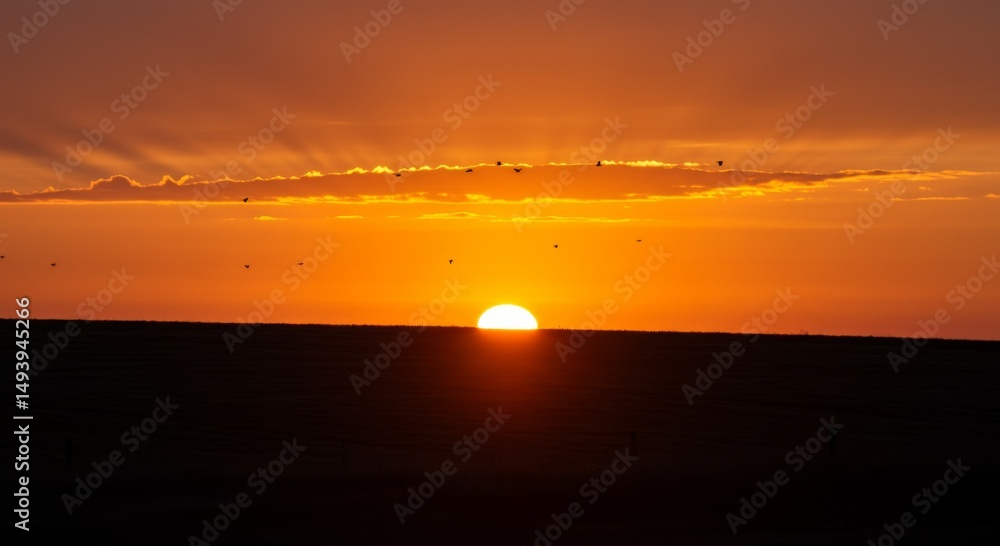Fototapeta premium Vibrant Orange Sunset Over Dark Horizon