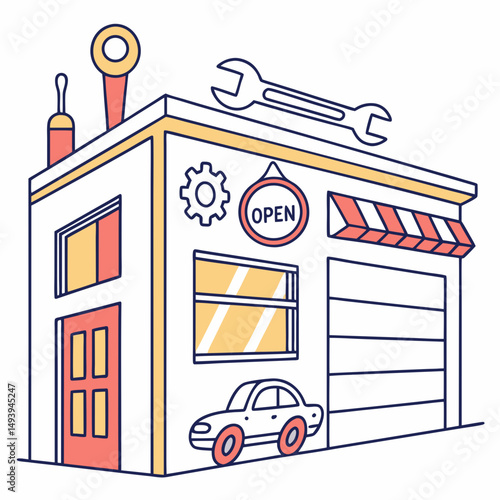 Auto repair shop building cartoon illustration