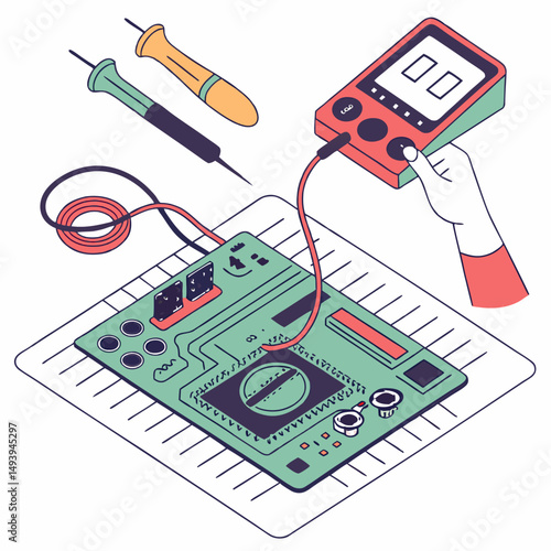 Electronics repair technician testing circuit board