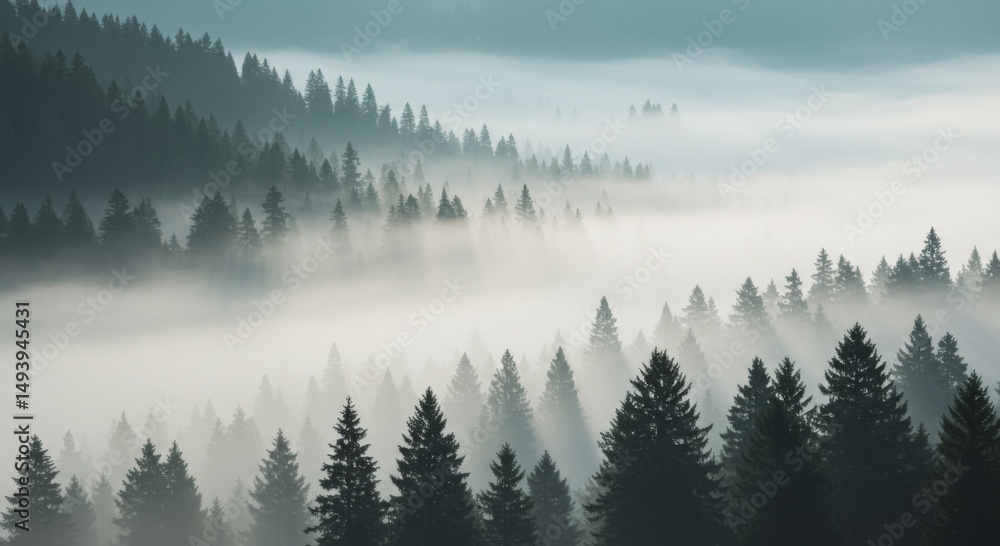 Fototapeta premium Misty Mountain Forest at Sunrise