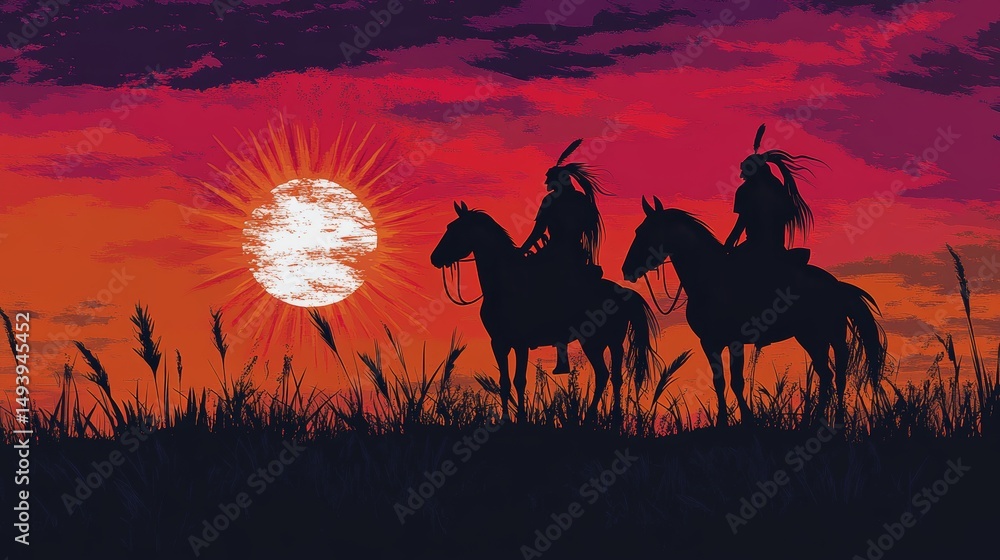 Fototapeta premium Vibrant red and yellow hues characterize an artistic illustration of dramatic samurai warriors on horseback silhouetted against a fiery sunset