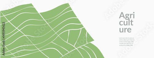 Aerial view of rural farmland in modern flat style. Elegant abstract design with geometric pattern featuring rice field, vineyard, wheat. Agri poster, banner, template, and creative sale concept