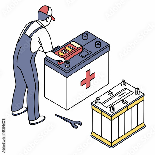 Mechanic replacing car battery isometric illustration