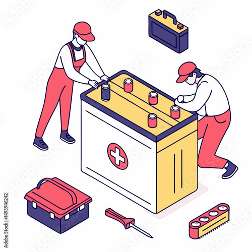 Mechanics installing car battery clean cutout illustration