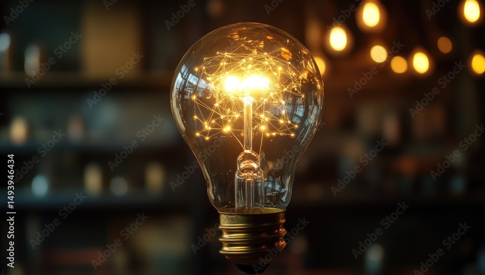 Illuminated glass bulb with internal network, glowing warmly against a blurred background Illuminated glass bulb with internal network, glowing warmly against a blurred background