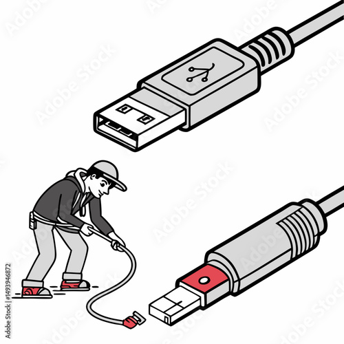 Person pulling usb cable connectors illustration