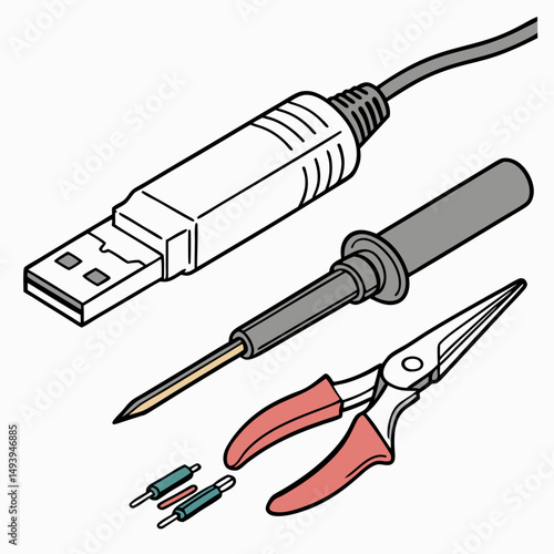 Electronics repair kit usb cable soldering iron pliers