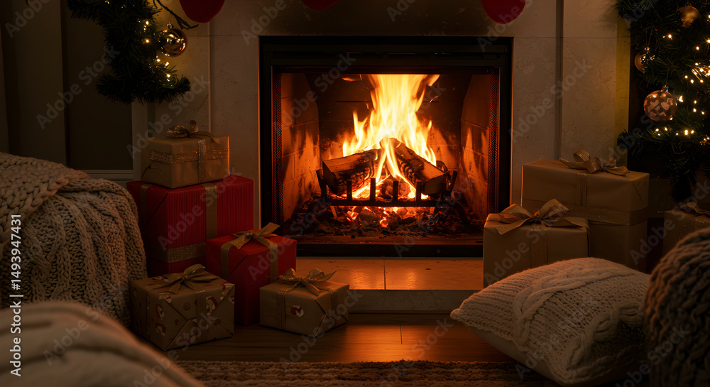 Cozy Fireplace Scene With Christmas Gifts And Decorative Christmas Tree Cozy Fireplace Scene With Christmas Gifts And Decorative Christmas Tree