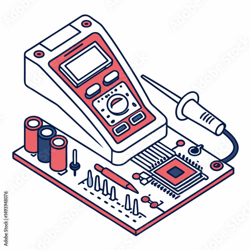 Professional isometric illustration soldering iron circuit board