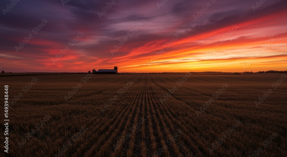 Vibrant Sunset over a Rural Farm Field Vibrant Sunset over a Rural Farm Field