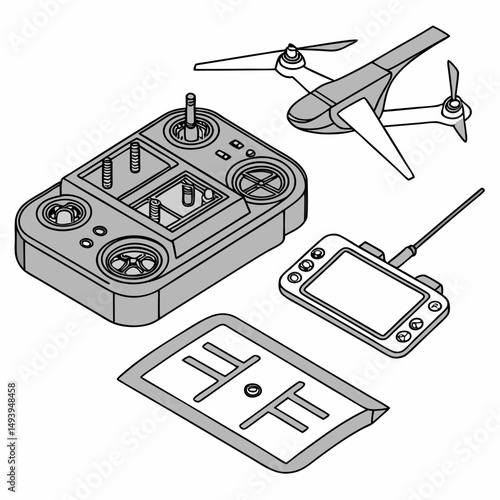 Professional drone with remote controller, screen, and landing pad, transparent background