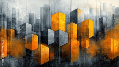Abstract cityscape, orange and grey geometric buildings