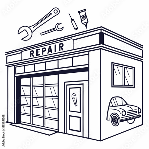 Auto repair shop building line art illustration