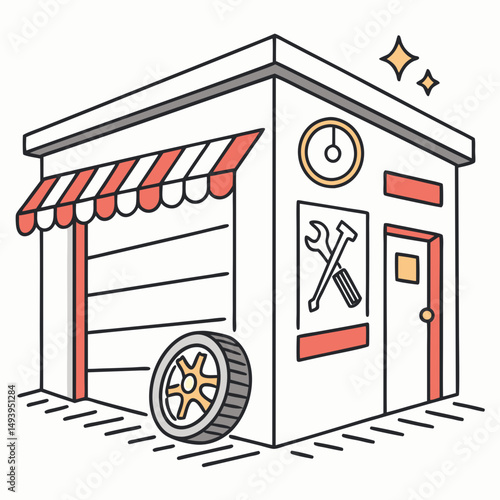 Auto repair shop building cartoon illustration