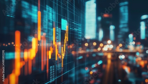 Night cityscape with vibrant financial data overlay