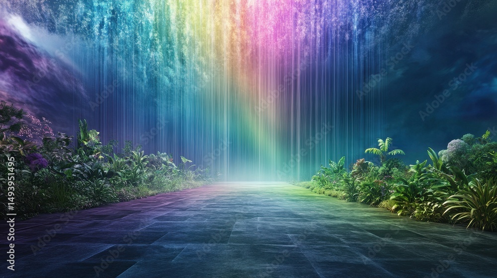 Obraz premium Luminous rainbow falls over a paved path, lush foliage flanks.