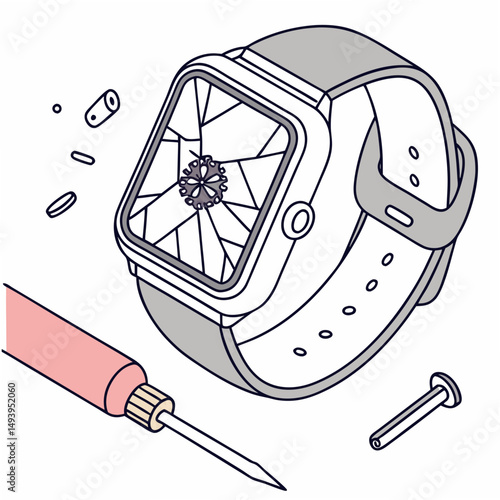 Broken smartwatch screen repair parts isolated