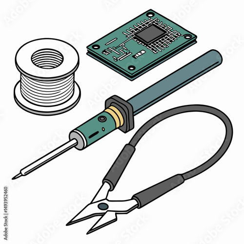 Electronics repair kit soldering iron wire cutters circuit board