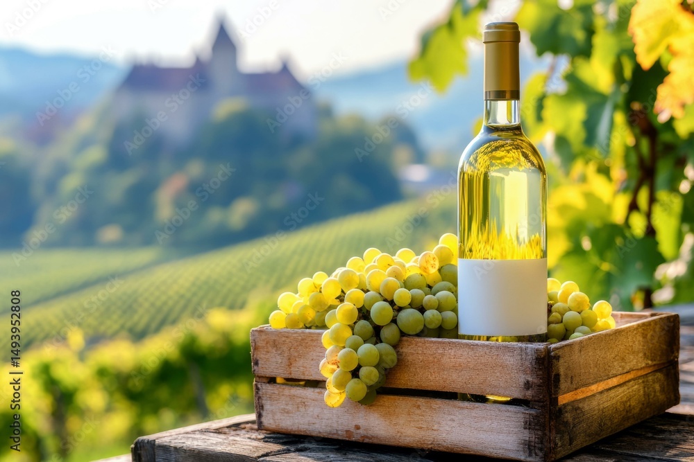 Fototapeta premium White wine bottle mockup with green grapes in vineyard, Rhine, Germany. Vibrant winery scene for branding.