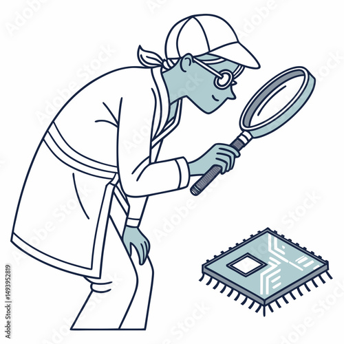 Scientist inspecting microchip with magnifying glass, transparent background