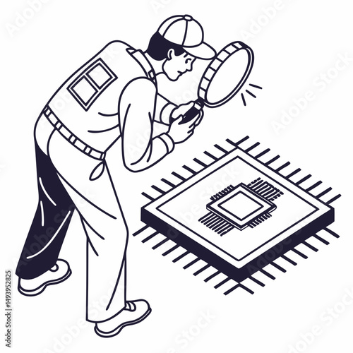 Technician inspecting microchip with magnifying glass, clean cutout