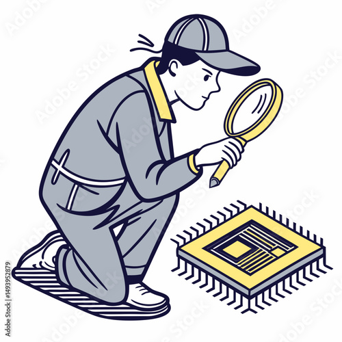 Technician inspecting microchip with magnifying glass
