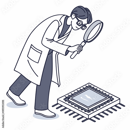 Scientist inspecting microchip with magnifying glass, transparent background