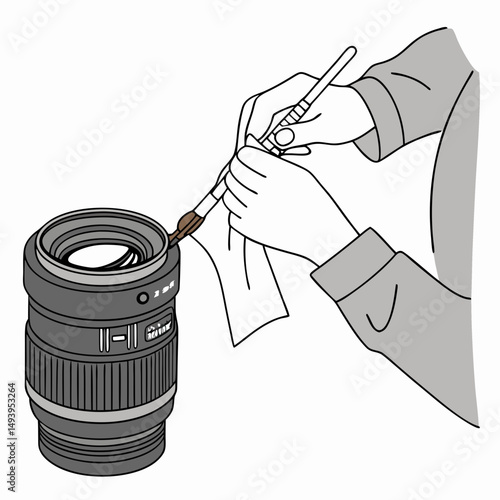 Cleaning camera lens with brush and cloth