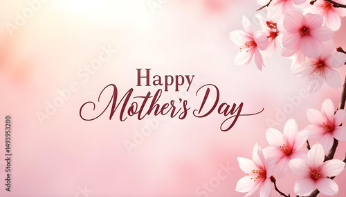Happy mother's day lettering greeting card with spring blooming flowers around on gradient pink background.
