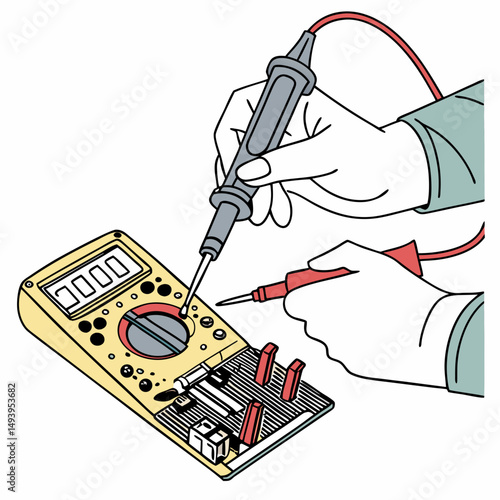 Technician using multimeter to test circuit board
