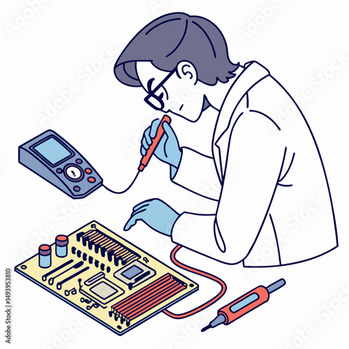 Technician inspecting circuit board with multimeter