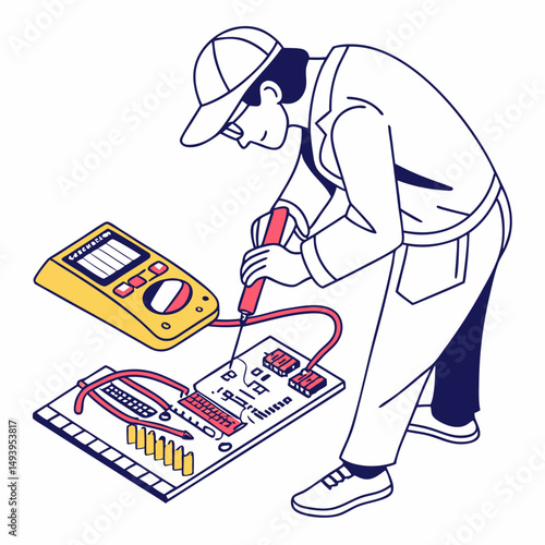 Technician repairing electronic circuit board multimeter