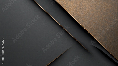 Abstract dark textured surfaces, gold accents, geometric design.