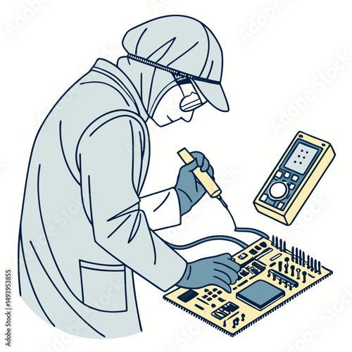 Technician repairing circuit board in cleanroom