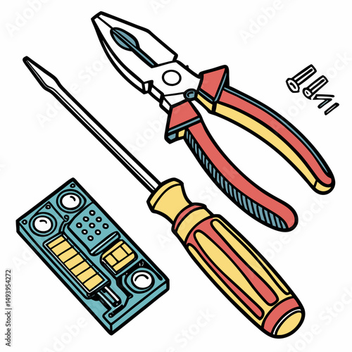 Professional tools kit screwdriver pliers isolated cutout