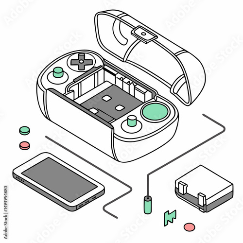 Portable gaming console disassembled parts view