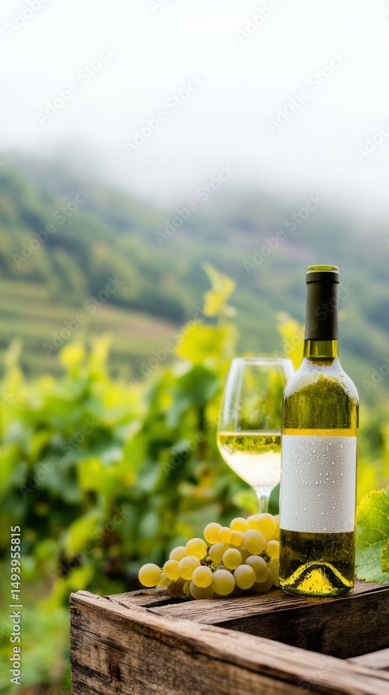 Fototapeta premium Wine bottle mockup with vineyard backdrop in Portugal, showcasing scenic landscape and fresh grape harvest.