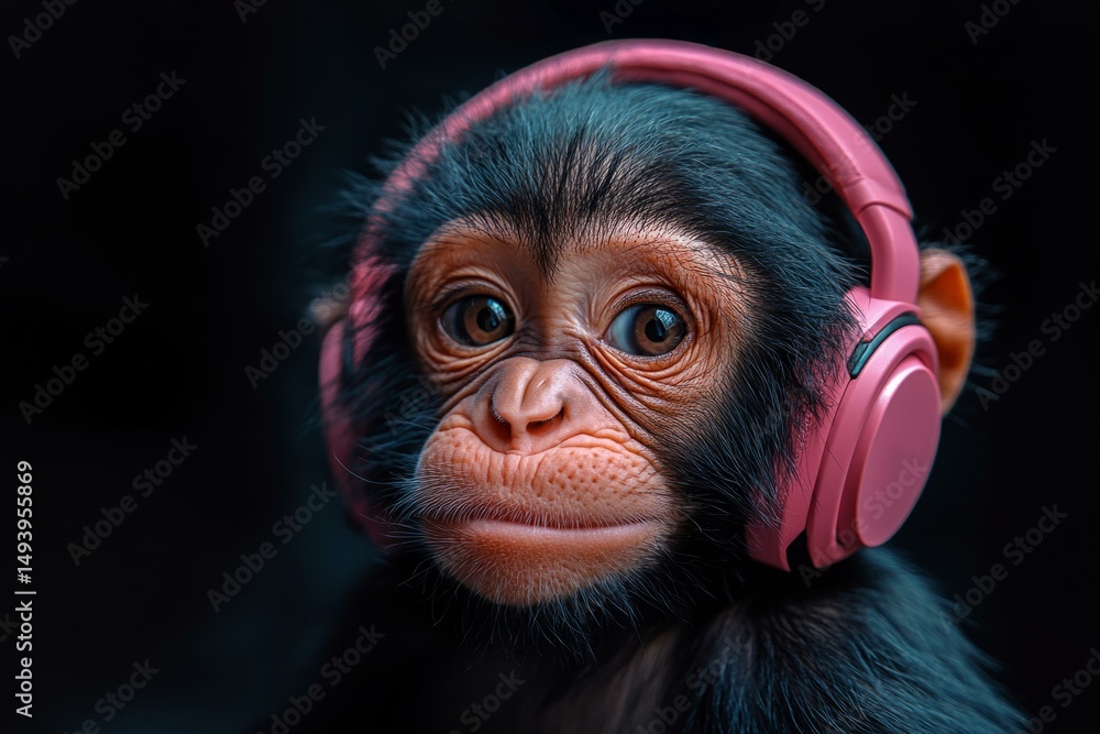 custom made wallpaper toronto digital Chimpanzee with pink headphones enjoying music in a fun anthropomorphic pose on black background