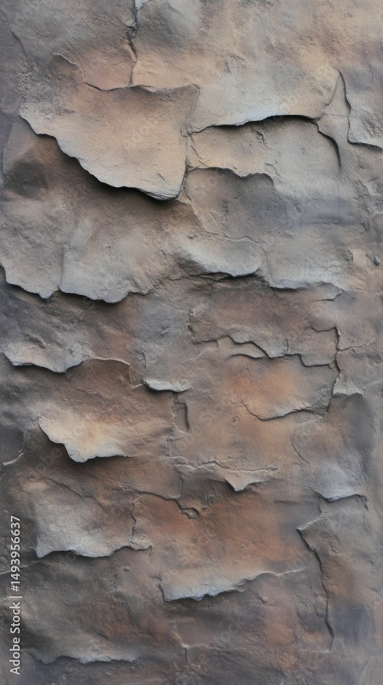 Fototapeta premium Textured wall, layered stone appearance, gray-brown tones.