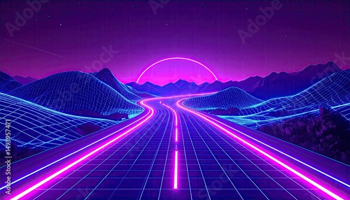 Road in futuristic glowing 3D wireframe style 80's