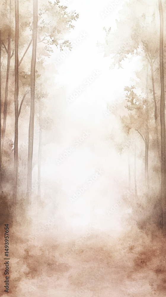 Obraz premium Misty forest path, sepia tones, tranquil scene.