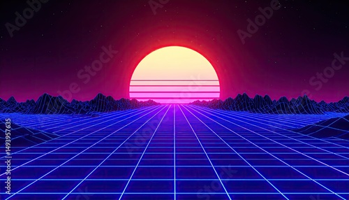 Sunset in futuristic glowing 3D wireframe style 80's