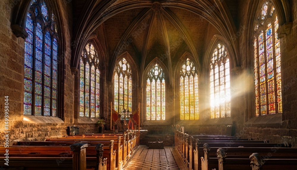 Obraz premium sacred ancient stone church interior with divine light rays illuminating through stained glass windows at dawn