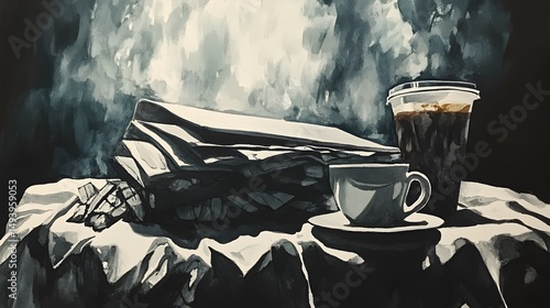 Dramatic Monochrome Still Life Watercolor Painting Coffee Newspaper