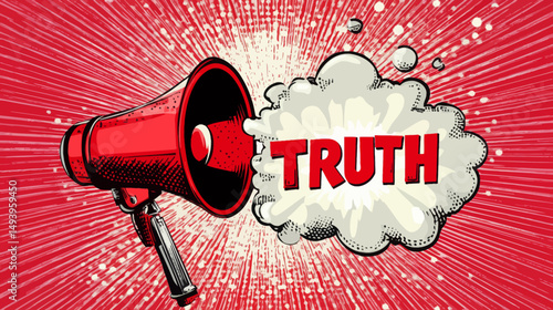 The image of a megaphone declaring 'TRUTH' before a cloud symbolizes the capacity of language to penetrate uncertainty and bring forth understanding