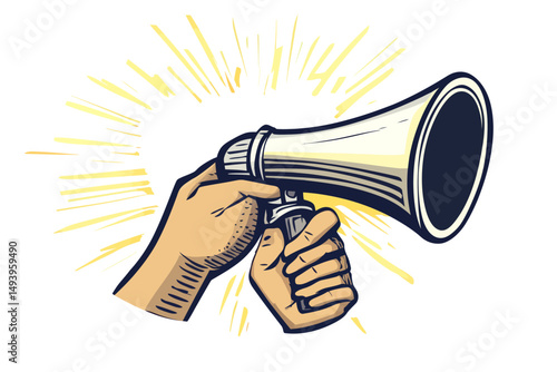 The concept of a new idea is represented by a man loudly talking through a megaphone, emphasizing the importance of verbalizing thoughts and conceptions