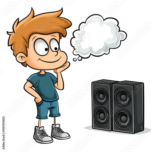The idea of a cartoon illustration of a man pondering Stereo Speakers is being considered