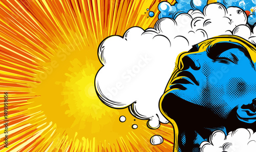 The head thinks creatively with a bright spark, aloud and with a thought process that forms a thought bubble