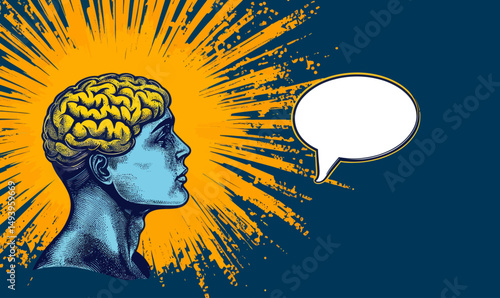 The thought process of creative minds is illustrated by a bright spark in the head that leads to a speech bubble